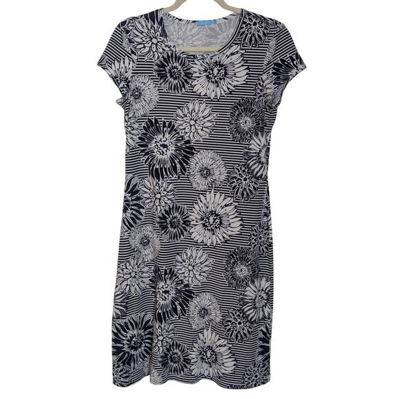 J McLaughlin Blue and White Striped Floral Print Summer Vacation T-shirt Small - Picture 1 of 7